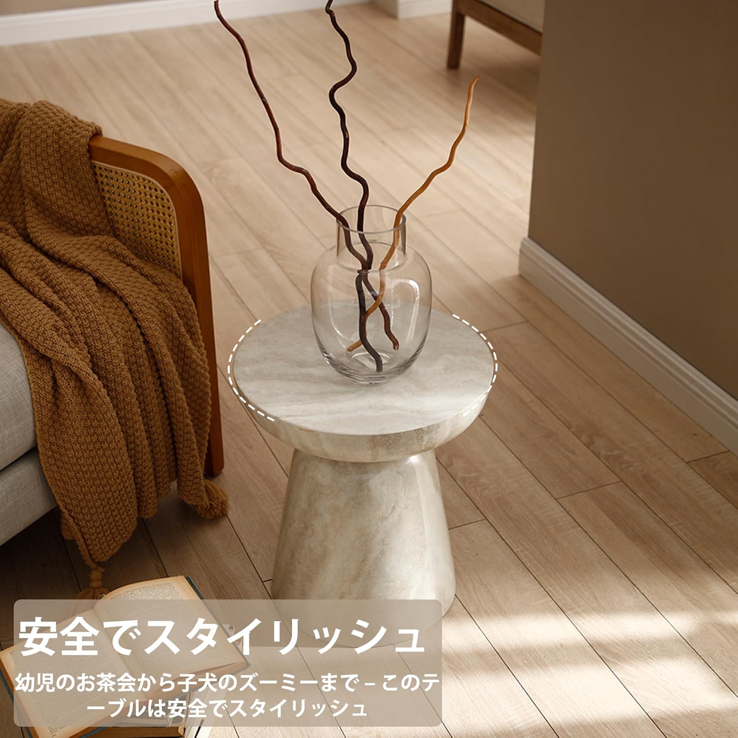 40cm 丸型サイドテーブル - 擬似大理石仕上げ コーヒーテーブル モダンなガラス繊維製 傷つきにくいサイドテーブル/低いテーブル/エンドテーブル リビングルーム、 寝室、オフィス、アパートメントに適用、組み立て不要（マーブル） サムネイル