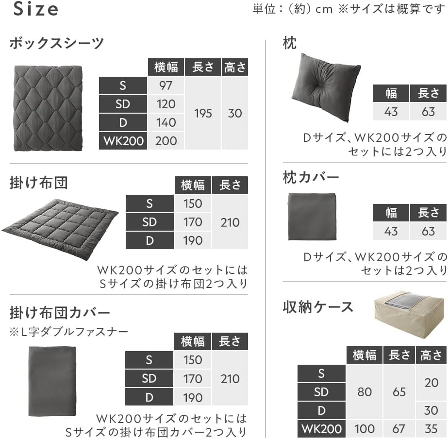 RASIK 寝具 6点セット シングル (掛け布団×1+枕×1+ボックスシーツ×1+収納ケース×1+掛け布団カバー×1+枕カバー×1) チャコールグレー 洗えるピーチスキン 抗菌防臭 umowell ウモウェル サムネイル
