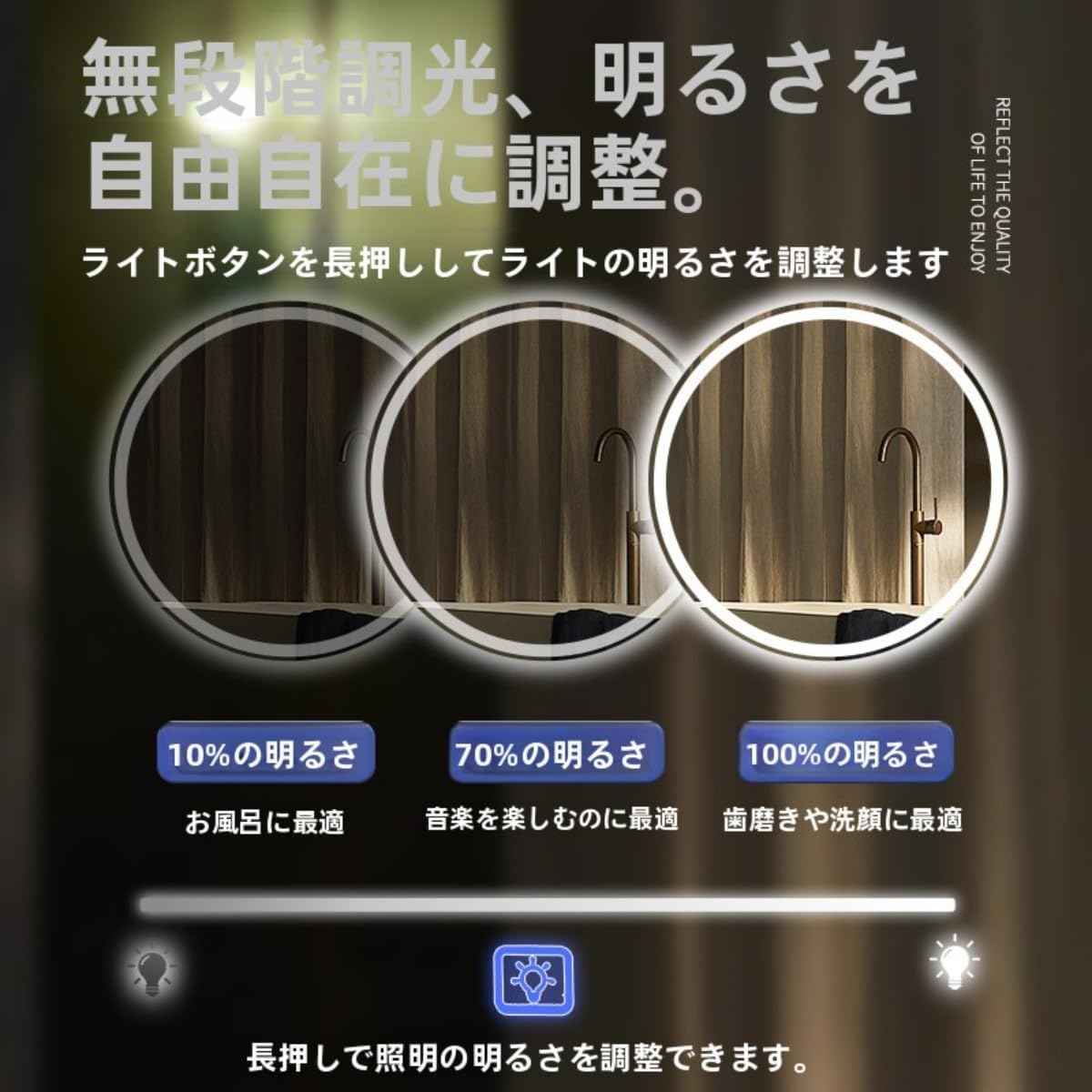 バックライトミラー 壁掛け鏡 フレームレス バスルーム 丸型 洗面鏡 バニティ壁掛け おしゃれ モダン 浴室 洗面所 ベッドルーム バックライト 曇り対策 ウォール化粧鏡 ラウンド 北欧風 インテリア洗面台間接照明付き 安全ライトストリップ 玄関 寝室 ホテルライク 防水 壁面 (白色光,90cm) サムネイル